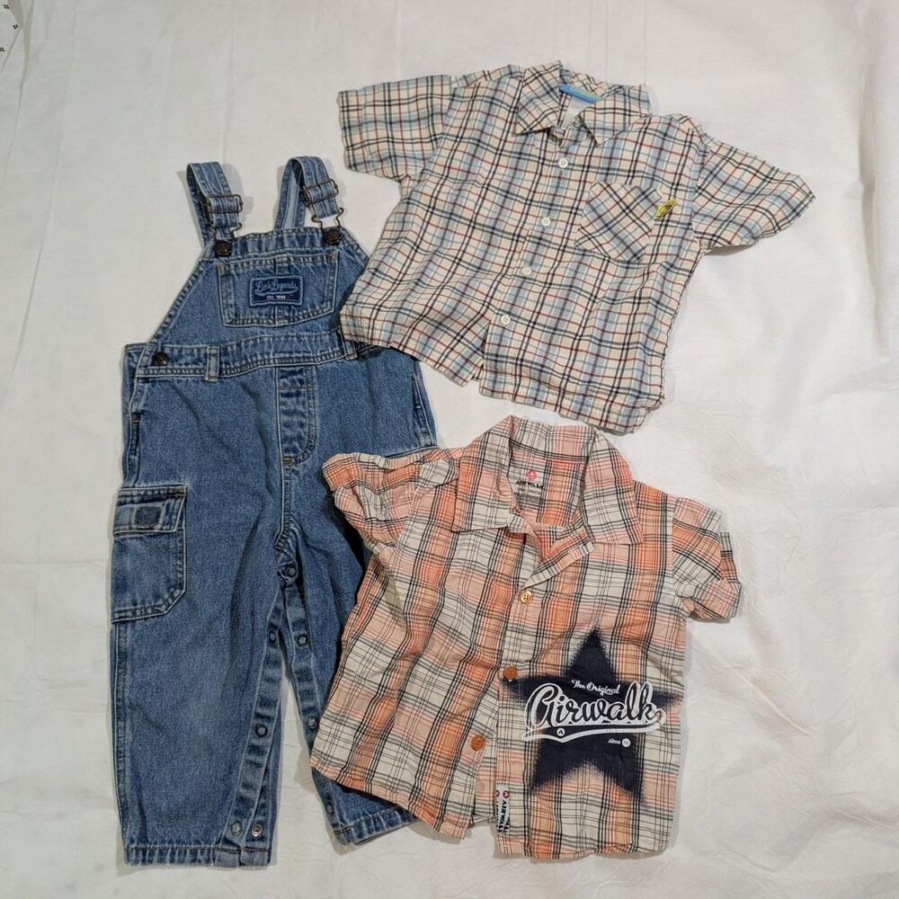 Baby boy 18M outfit bundle overalls 2 button up shirts lot of 3 pieces Airwalk